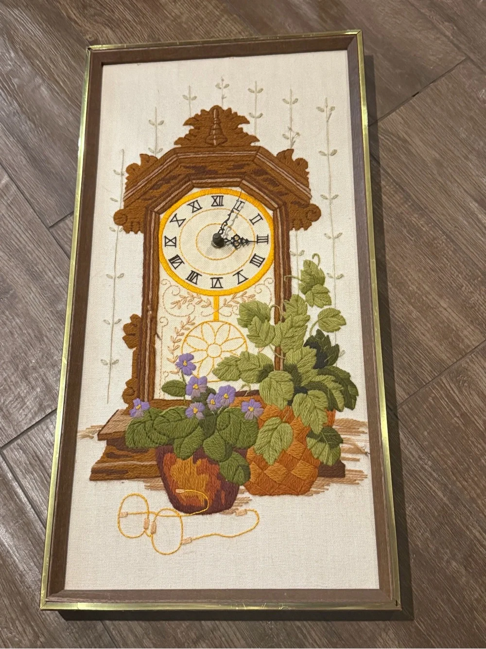 Vintage sunset  Embroidered Wall Clock Tapestry Art in Brown, Green and Gold